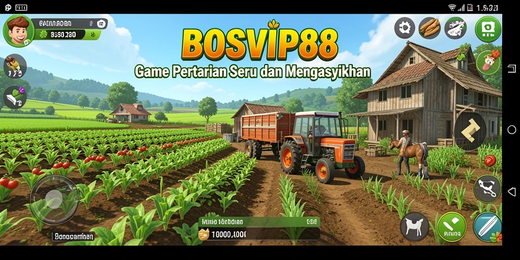 Tampilan gameplay BOSVIP88 dengan aktivitas bertani yang seru.