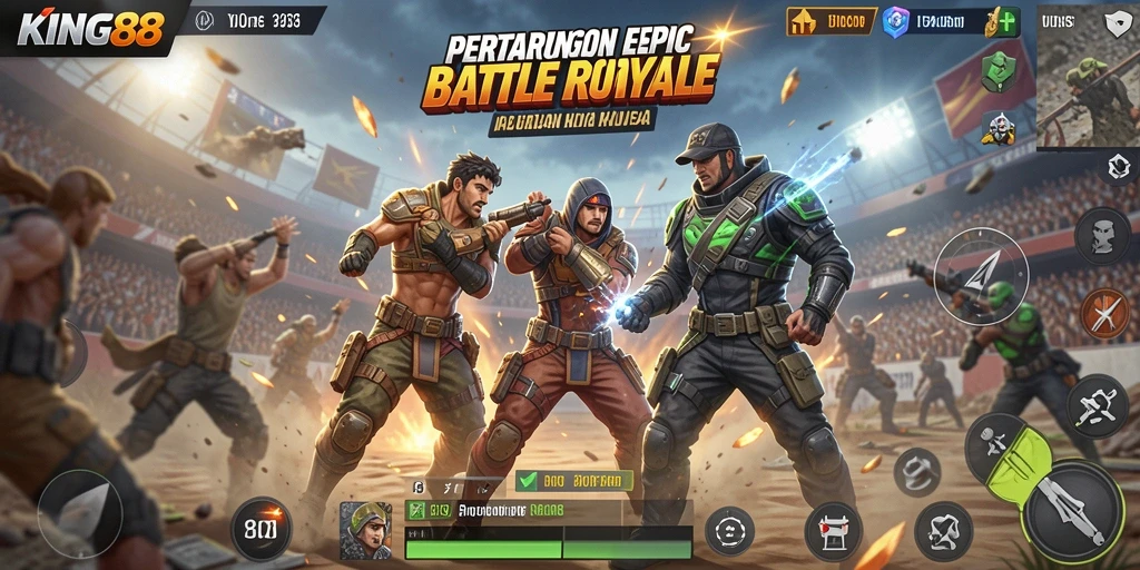 Tangkapan layar KING88 menampilkan aksi menegangkan dalam pertarungan Battle Royale.
