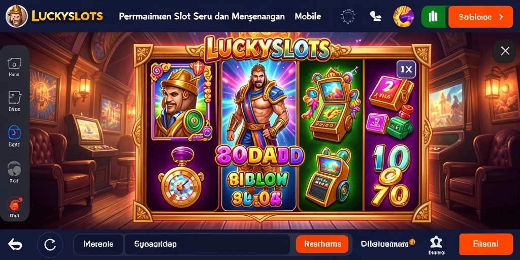 Tampilan gameplay LUCKYSLOTS yang menampilkan mesin slot berwarna-warni.